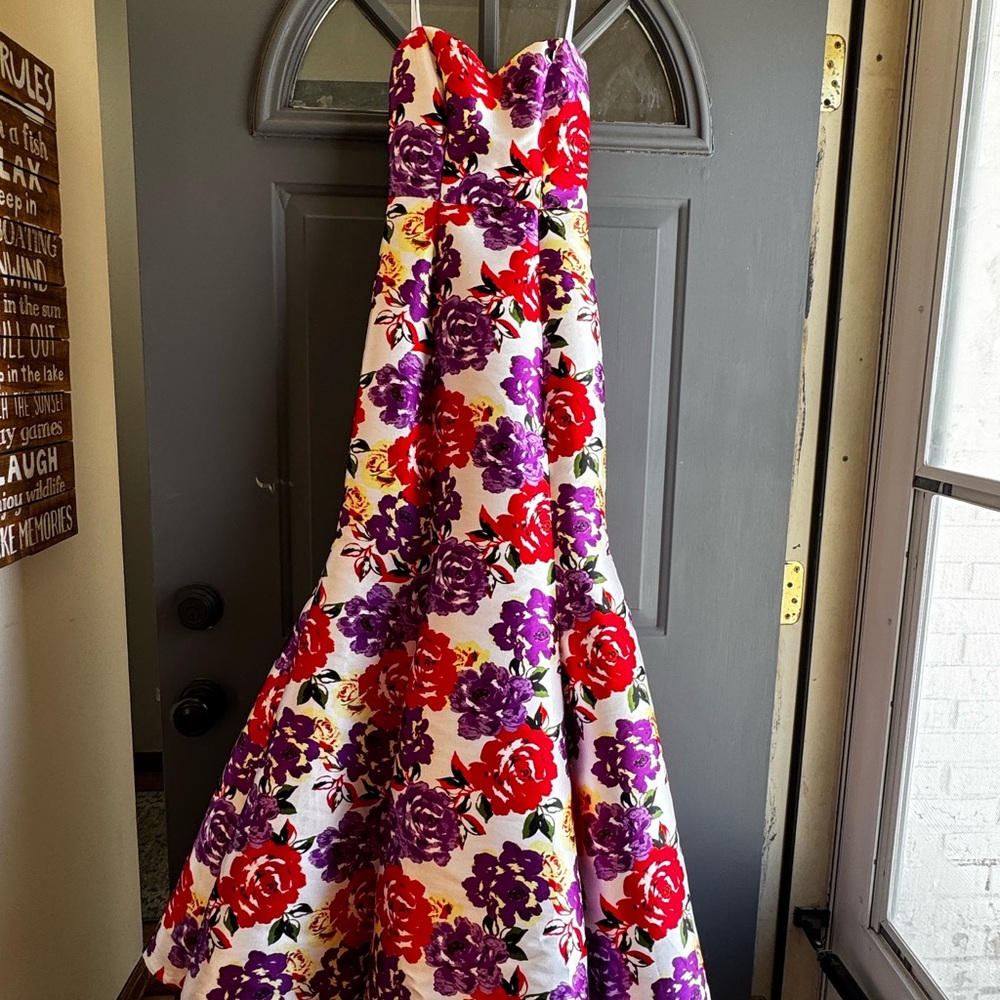 Windsor Strapless Dress with Red and Purple Floral Design
